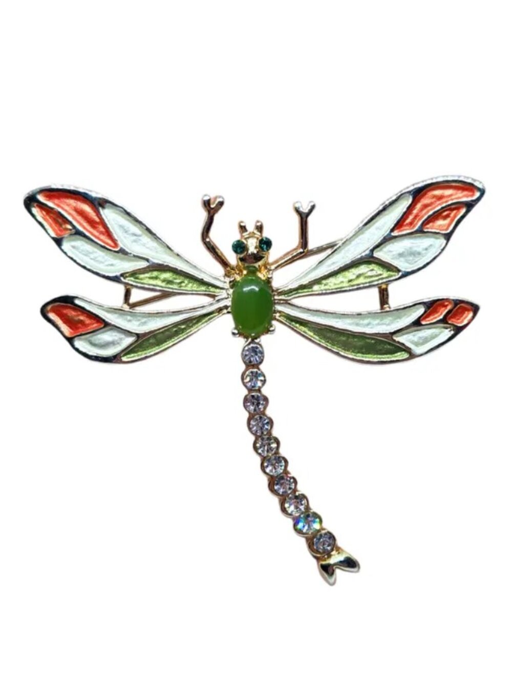 Vintage Gold & Jade Gem Dragonfly Brooch